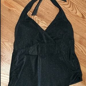 NWT Lands’ End XL (18) Deep Balsam Green Shine V-Neck Halter Tankini Swim Top